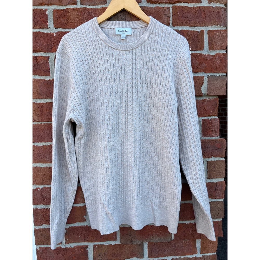 Goodfellow & Co Mens Large Oatmeal Beige Cable Knit Crew Neck Sweater Pullover